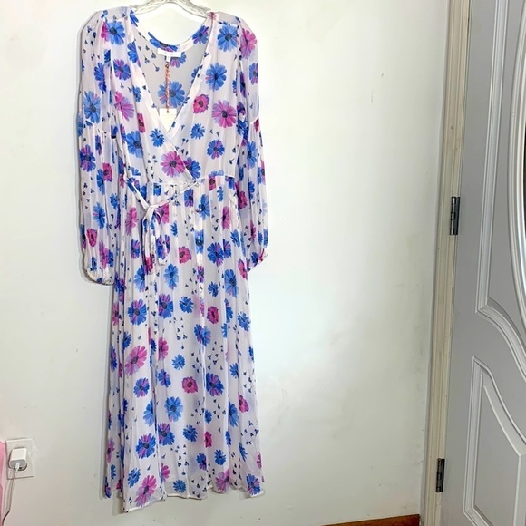 LOVESHACKFANCY Bevelyn Blouson-Sleeve Floral Pink Blue Surplice maxi Dress 8 new - Picture 3 of 10